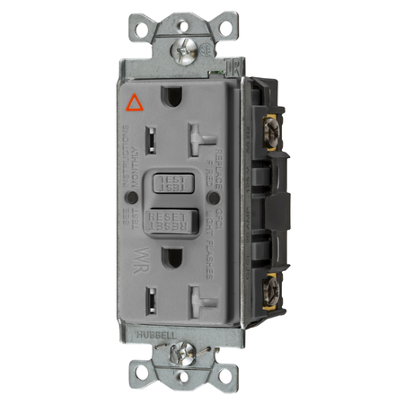 HUBBELL WIRING DEVICE-KELLEMS Power Protection Devices, Receptacle, Self Test, GFCI, IG, TRWR, Commercial Grade, 20A 125V, 2-Pole 3-Wire Grounding, 5-20R, Gray GFTWRST20GYIG